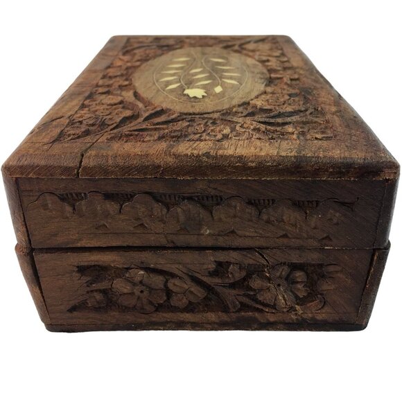 Wood Jewelry Chest Storage Box Inlay Carved Floral Pattern Solid Mid Century u - Picture 4 of 9